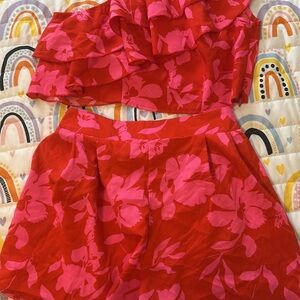 SHEIN Red and Pink Floral Ruffle Top and Skirt Set